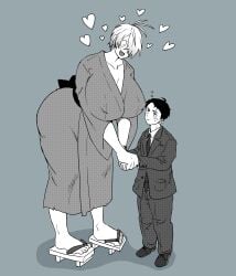 1boy 1girls bent_over big_ass big_breasts blush cleavage female full_body gegege_no_kitarou genderswap_(mtf) geta hachimitsu_remon_aji_no_nodo_ame hair_over_one_eye hanging_breasts heart height_difference holding_hands huge_breasts kimono kitarou_tanjou_gegege_no_nazo larger_female male medama_oyaji_(human) mini_giantess mizuki_(gegege_no_kitarou) monochrome nipple_bulge rule_63 short_hair size_difference smaller_male smile standing very_short_hair