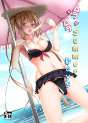 adapted_costume areola_slip areolae bangs bare_arms bare_shoulders beach_umbrella bikini_skirt blue_sky blush breasts brown_hair brown_hat cleavage collarbone cover cover_page day doujin_cover dutch_angle female food food_on_body from_below front-tie_bikini front-tie_top full-face_blush hair_ribbon hat holding holding_food horizon kantai_collection large_breasts legs_apart long_hair looking_at_viewer looking_down masturbation melting_popsicle murasame_(kantai_collection) narukami_ginryuu object_insertion ocean open_mouth outdoors pleated_skirt popsicle pulled_by_self pussy_juice rating red_eyes red_ribbon ribbon skirt sky solo standing strap_pull straw_hat tongue tongue_out twintails umbrella vaginal_object_insertion vaginal_penetration very_long_hair vibrator vibrator_under_clothes vibrator_under_panties water