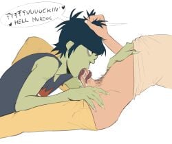 2d_(gorillaz) 2d_(the_mountain) black_hair blowjob blowjob_only gay gay_blowjob gay_sex gorillaz grabbing_hair green_skin green_skinned_male head_grab light-skinned_male light_skin long_tongue male male/male male_focus male_only mefjeff murdoc_niccals murdoc_niccals_(the_mountain) nonbinary nonbinary_(lore) sucking_penis the_mountain_the_moon_cave_and_the_sad_god