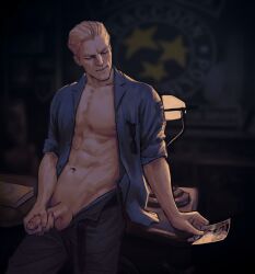 albert_wesker bellybutton black_pants blonde_hair blue_shirt closing_eyes foreskin half_dressed holding_object holding_penis holding_photo humanoid humanoid_penis leaning_back male masturbating_to_photo masturbation muscular muscular_male noctyssa older_male rebecca_chambers resident_evil shades shiny_glans solo unbuckled_belt uncircumcised veiny_penis