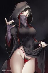 black_nails burqa face_veil fate/strange_fake fate_(series) fellatio_gesture flashing hijab middle_eastern_female no_name_assassin_(fate) presenting pubic_hair red_thong tagme thong veil xkzan