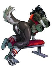 anthro ass big_breasts big_butt breasts canine dark_fur exercising female hair muscular muscular_body muscular_female shiny_lips smooth_body smooth_lips sweat tilingart vani_(filut) vani_rasiak weight_lifting weights