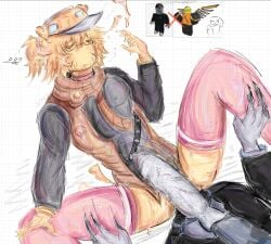 2boys before_sex big_dom_small_sub big_penis brickbattler builderman builderman_(brickbattler) clawed_fingers crossover cum cuntboy disembodied_hands disembodied_penis dubious_consent foreskin gay half-dressed high_socks holding_legs impossible_fit large_penis legs_spread nervous office_sex offscreen_character on_table pants_down penis penis_on_pussy reference_image roblox roblox_(character) roblox_admins roblox_game robloxian size_difference slimeyslimer sweat tailwag teasing transmasc veiny_penis whiteboardfox