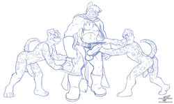 abs animal_genitalia ass balls boots canine cape clothing dalmatian erection floppy_ears footwear fur gloves group group_sex looking_at_viewer malamute male mammal mask muscular muscular_male nipples nude open_mouth pecs penis sex sketch smile spots spotted_balls spotted_fur superhero threesome tongue torn_clothing wolfblade yaoi