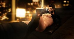 1boy 3d adam_jensen bara bed black_hair cigarette deus_ex lying male male_only pecs smoke smoking solo source_filmmaker undressing