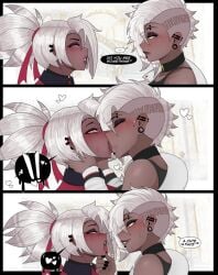 2girls big_breasts blush clothed clothing color dark-skinned_female dark_skin english_text escriba exorcist_(hazbin_hotel) female female_focus female_only grey_hair hazbin_hotel hi_res kissing large_breasts lesbian_kiss long_hair looking_at_another looking_pleasured mouth open_mouth piercing pleasure_face solo_female tagme text text_bubble tongue tongue_kiss tongue_out vaggie_(hazbin_hotel) vivienne_medrano yuri
