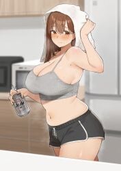 2d after_shower after_training armpits arms_up artist_request belly belly_button big_ass blush brown_eyes brown_hair curvaceous curvaceous_body curvaceous_female curvaceous_figure curvy curvy_body curvy_female curvy_figure curvy_hips huge_breasts large_breasts long_hair shorts sideboob smiling smiling_at_viewer sweat sweatdrop tagme tanktop thick_thighs towel udonalium unknown_character voluptuous voluptuous_body voluptuous_female