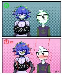 1boy 1girls 2koma andychull bangs_over_eyes big_breasts biometric_verification blue_hair blush blush_lines blushing_male bra color english_text facial_verification glasses green_hair green_tongue hair_covering_eyes imminent_oral imminent_sex lewd_security_verification licking_lips looking_at_partner meme nerd_(andychull) original original_character sharp_teeth sidahna smile text twitter_link verification