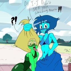 almost_naked barely_clothed blue_body blue_hair caught_in_the_act digital_drawing_(artwork) digital_media_(artwork) dress_down green_eyes green_skin lapis_lazuli_(steven_universe) malice_arts peridot_(steven_universe) pubic_hair pulling_hair shortstack simple_background simple_coloring simple_shading yellow_hair