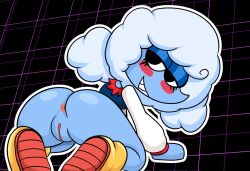 1girls anus artist_request blue_body blue_skin blush blushing bottomless bottomless_female cloud cloud_humanoid dark_background darkner deltarune deltarune_chapter_3 elnina_(deltarune) female female_only fluffy fluffy_hair glistening glistening_body glistening_butt glistening_skin half-closed_eyes hi_res high_resolution highres humanoid humanoid_genitalia looking_at_viewer looking_back no_artist_signature on_all_fours on_stomach petite petite_body petite_female presenting presenting_hindquarters presenting_pussy pussy rear_view shoes shortstack smile smiling smiling_at_viewer solo solo_female topwear white_hair