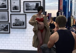 1boy 1girls 3d ada_wong belly big_belly big_breasts black_hair blonde_hair bra breasts capcom cleavage female leon_scott_kennedy lingerie male outie_navel panties pregnant pregnant_belly pregnant_female reflection resident_evil tanktop theladyfrost trenchcoat