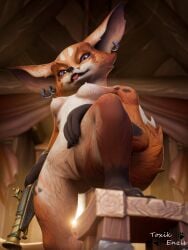 blizzard_entertainment breasts chair ear ear_piercing ear_ring earrings elis_(toxik_enzis) furry gun inside low-angle_view naked naked_female nipples nude nude_female pink_eyes pistol pussy toxik_enzis vulpera warcraft world_of_warcraft