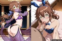 1girl1boy ai_generated ass ass_focus bed bedroom big_breasts big_penis blowjob brown_hair bunny_costume bunny_ears bunny_girl bunnysuit dancer dancer_outfit dancing empty_eyes faceless_male female glasses green_eyes hair_ribbon handjob harem hip_sway hypno_slave hypnosis hypnotic_eyes indoors kneeling kneeling_female kneeling_on_ground kneeling_oral_position legend_of_heroes leotard long_hair looking_at_viewer looking_back looking_up motion_lines multiple_views no_pupils omega_weirdo patreon ponytail sen_no_kiseki servicing_from_below slave slave_girl slave_outfit small_breasts smile smiling towa_herschel trails_of_(series) trails_of_cold_steel