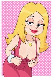 1girls american_dad big_breasts bimbo black_eyes blonde_hair breasts dress female female_only francine_smith hair half-closed_eyes lips lipstick long_hair looking_at_viewer mature mature_female mature_woman milf mother pink_dress pink_lips pink_lipstick solo solo_female thick_lips armwear bracelet sketchtoons presenting presenting_breasts flashing flashing_breasts nipples areolae breast_focus
