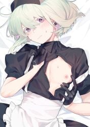 1boy androgynous blush blushing_at_viewer bob_cut crossdressing embarrassed exposing_chest femboy femboy_only feminine_male gloves lio_fotia looking_at_viewer maid maid_apron maid_headdress maid_uniform male nervous nervous_smile nipple on_bed petite petite_body petite_male pink_nipples pov promare short_hair shy slim slim_male solo sweat sweatdrop twink undressing