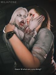 2girls 3d 3d_(artwork) 3d_render attempted_kiss biohazard black_pupils blood blood_in_mouth blood_stain capcom clothed dress embracing english_commentary english_dialogue english_text grace_ashcroft grace_ashcroft_(julia_pratt) grey-skinned_female grey_body grey_skin hand_on_another's_head hand_on_shoulder horny horny_female hugging kiss lesbian lesbian_kiss light_hair long_hair looking_pleasured milapone monster monster_girl monster_on_female nail_polish pale-skinned_female pale_skin product_placement questionable_consent resident_evil resident_evil_9:_requiem scared selena_corey short_hair tagme text tongue tongue_out trying_to_escape trying_to_kiss undead undead_female watch white_hair white_iris yuri zombie zombie_girl