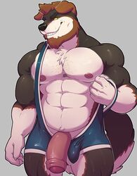 2017 abs anthro areola beard biceps big_biceps big_penis black_nose black_skin black_tail body_hair brown_hair brown_skin brown_tail bulge canine chest_hair chest_tuft clenched_teeth clothing eyebrows facial_hair front_view grey_background hair half-erect holding_object huge_cock humanoid_penis knuxlight kogenta_blackfang long_penis looking_at_viewer male male_only mammal manly multicolored_skin multicolored_tail muscular muscular_male nipples partially_retracted_foreskin pecs penis pink_nipples pink_penis pose shirt simple_background smile solo standing tank_top teeth thick_penis thick_thighs tight_clothing tuft uncut white_skin white_tail wrestling yellow_eyes