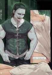 1boy 1girls biohazard bondage bottomless_female bound bound_wrists breasts capcom clothed_male cuffs dialogue english_text female forked_tongue grace_ashcroft grey_skin inminent_rape inminent_sex male muscular_male nipples nipples_visible_through_clothing older_male penis pulling_down_pants resident_evil resident_evil_9:_requiem ripa_ria357 small_breasts tagme text tongue tongue_out unconscious victor_gideon younger_female
