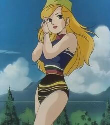 1980s_(style) 80s 80s_clothing 80s_hair ai ai_generated anime blonde_female blonde_hair breasts curvy curvy_figure female human long_hair minerva_(transformers) pool screencap slim_waist swim_cap swimsuit swimwear transformers transformers_masterforce