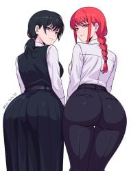 2girls annoyed annoyed_expression ass ass_comparison ass_focus ass_in_dress back back_view backboob big_ass black_hair black_pants black_skirt blue_eyes bottomwear braid braided_hair breasts chainsaw_man clothing female female_only gato_gratam hair huge_ass long_skirt looking_back makima_(chainsaw_man) mitaka_asa pants ponytail red_hair school_uniform schoolgirl schoolgirl_uniform skirt smile take_your_pick tied_hair topwear white_background white_shirt yellow_eyes
