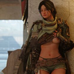1girls 3d bdo black_desert black_desert_online black_hair blender breasts cape clothes_lift dark-skinned_female deadeye_(black_desert) facepaint fan_character female female_focus flashing flashing_breasts hi_res highres midriff nail_polish native_american native_american_female notablyfishy player_character shorts solo solo_female