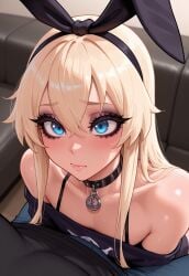 ai_generated blue_eyes blush bunny_ears bustybunz choker femboy goth imminent_oral lipstick makeup nervous shimakaze-kun tagme thick_eyelashes