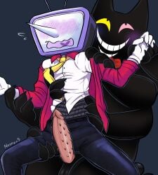 absurd_res animal_genitalia animal_penis anthro balls black_body black_fur bow_tie claws clothing dark_body dark_fur deltarune domestic_cat duo electronics embarrassed embarrassed_male felid feline feline_genitalia feline_penis felis for_a_head friend_(deltarune) fur genitals grin hand_holding heterochromia hi_res holding_arm holding_leg holding_thigh holding_torso humanoid machine male male/male mammal monster multi_arm multi_limb multiple_hands necktie neppyin nervous object_head penis pointy_nose red_bow red_bow_tie robot robot_humanoid screen screen_face screen_head size_difference smile spiked_penis spikes spikes_(anatomy) suit suit_and_tie suit_jacket television tenna_(deltarune) toby_fox_(copyright) tv_head undertale_(series) undressing undressing_self