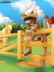 anthro barn bottomless brown_fur brown_hair canine canine chaps clothed clothing collar collie cowboy_hat equine farm fence friendship_is_magic fur green_eyes hair hat horse invalid_tag mammal my_little_pony pussy silo tag wastedtimeee winona_(mlp)