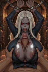 ai_generated areolae big_breasts blouse boobjob button_down_shirt chained cleavage dungeon emotionless exposed_breasts expressionless grey_body necrophilia paizuri paizuri_under_clothes rape revealing_clothes titties tittyfuck zombie_girl