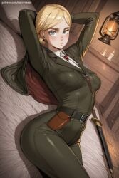 1girl ai_generated arms_behind_head arms_up attack_on_titan belt blonde_hair blue_eyes breasts hi_res high_quality high_resolution historia_reiss indoors lips looking_at_viewer patreon patreon_username savvyraexo seductive sexy short_hair solo uncensored watermark weapon