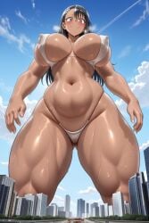 ai_generated anime anime_character barefoot black_hair brown_eyes city curious_look giantess hayase_nagatoro loincloth low_angle_view pixai please_don't_bully_me,_nagatoro portrait reflective_hair sweaty_body tan_skin