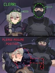 1boy 1girls big_breasts biometric_verification blush blushing_male color dominant_female english_text facial_verification femdom grey_hair hetero imminent_oral imminent_sex lewd_security_verification licking licking_lips malesub meme military_uniform mk_(lazymk) nisemonomk red_eyes saruei saruei_(vtuber) straight submissive_male text twitter_link tying_hair verification virtual_youtuber vtuber white_hair