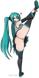 anus ass big_ass big_butt blue_eyes blue_hair dodo-bot eyelashes going_commando hatsune_miku holding_leg holding_leg_up holding_own_leg holding_own_leg_up looking_at_viewer no_panties no_underwear pussy smile tan_skin thick_thighs twintails upskirt vertical_splits vocaloid white_background wide_hips