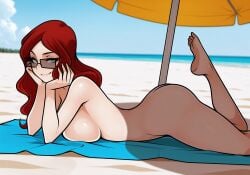 ai_generated ai_jago_dibuja beach beach_background beach_setting beach_towel beach_umbrella butt cute female female_focus female_only foot_up green_eyes head_in_hands large_breasts laying_down laying_on_stomach leg_bent living_with_hipstergirl_and_gamergirl looking_at_viewer naked naked_woman nude nude_female on_stomach one_foot_raised pale_skin pinup red_hair smile smile_at_viewer sophie_(living_with_hipstergirl_and_gamergirl) sunglasses sunglasses_only