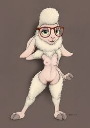 2017 anthro breasts caprine dawn_bellwether disney ecmajor eyewear female glasses green_eyes looking_at_viewer mammal nipples nude sheep small_breasts smile solo wool zootopia