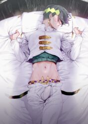 1boy black_hair blush clothed diamond_is_unbreakable dvqjo earrings erection erection_under_clothes from_above green_hair hair_over_eyes headband highres jewelry jojo's_bizarre_adventure looking_away lying male male_only midriff on_bed rohan_kishibe sheet-grab solo sweat unbuckled_belt undercut