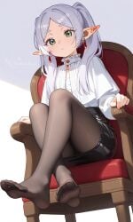 1female 1girls 2026 ai ai_art ai_assisted ai_generated anime anime_style armchair black_pantyhose black_skirt blush chair collared_shirt crossed_legs cute cute_face earrings elf elf_ears feet feet_fetish female female_focus female_only foot_fetish foot_focus foreshortening frieren frieren_beyond_journey's_end frilled_collar from_below girl green_eyes hazelnut_bee hi_res high_resolution highres leather_skirt leg_focus legs long_sleeves looking_at_viewer low_angle pantyhose pantyhose_feet pointy_ears ponytail red_earrings sheer_legwear shiny_skirt sidelocks silver_hair simple_background sitting soles soles_focus solo solo_female solo_focus sousou_no_frieren tagme thighs toes watermark white_hair white_shirt white_skin