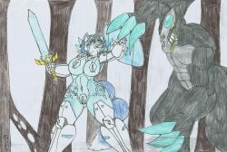 1monster 1woman alien_humanoid alien_monster anthro armored_arms armored_boots armored_gloves armored_legwear armored_sex battle big_breasts big_hips bikini_armor blue_body blue_fur blue_hair body_painting bodysuit combat cyan_eyes cyberknight_krystal energy_shield energy_sword energy_weapon female_knight fight fighting fog foggy_background fox_girl fox_humanoid helmet krystal krystal_(star_fox) laser_sword long_claws male/female marlon64 power_armor star_fox tattoo_on_thigh traditional_drawing_(artwork) transparent_clothing white_fur woods