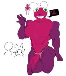 2026 abs anthro big_ass big_balls big_pecs big_penis bug bugbo bugbo_(bensilly) characters_in_the_background freeposers gerbo gradient_joe green_eyes greeting_viewer half-erect happy looking_at_viewer muscular muscular_male nipples purple_body simple_background smiling smiling_at_viewer text_box underwear veiny_penis waving waving_at_viewer white_background