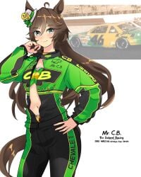 1girl absurdres ahoge animal_ears black_jumpsuit blue_eyes blush breasts brown_hair chevrolet chevrolet_lumina choker closed_mouth cole_trickle commentary days_of_thunder female female_only green_jumpsuit green_shirt hair_between_eyes hair_ornament hairclip hand_on_own_hip hat hendrick_motorsports highres holeecrab horse_ears horse_girl horse_tail jumpsuit long_hair long_sleeves looking_at_viewer medium_breasts mini_hat mini_top_hat mr._c.b._(umamusume) nascar nascar_cup_series navel photo_inset shirt smile stomach strapless strapless_shirt tail top_hat umamusume umamusume_pretty_derby untranslatable_commentary yellow_choker