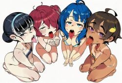 2d 4girls ahoge ai_generated ass basori_tiara big_breasts bikini black_eyes black_hair blue_bikini blue_eyes blue_hair blush bottomless breasts brown_hair cleavage cupping_hands dark-skinned_female dark_skin female female_only flat_chest flat_chested food-themed_hair_ornament from_above hair_bun hair_ornament hair_over_one_eye hairband komari_chika long_hair looking_at_viewer make_heroine_ga_oo_sugiru! medium_breasts multiple_girls open_mouth oral_invitation purple_eyes red_hair seiza short_hair simple_background single_hair_bun sitting sloppingslurpie small_breasts swimsuit tan tanlines teeth thighs tongue tongue_out waiting_for_cum white_background yakishio_lemon yanami_anna