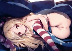 absurdres american_flag american_flag_legwear anus blonde_hair breasts censored clownpiece female hat highres jester_cap ke-ta long_hair looking_at_viewer lying mosaic_censoring nipples pantyhose pussy red_eyes scan small_breasts solo star star_print striped touhou translated very_long_hair