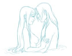 1boy 1girls average_breasts breasts canon_couple ear_piercing edward_elric fullmetal_alchemist hair_down hand_on_arm holding_partner imminent_sex long_hair medium_breasts nipples nude nude_female nude_male ohlookitscazz partially_submerged sketch standing submerged submerged_in_water submerged_legs winry_rockbell