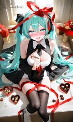 1female 1girls 2026 ai ai_art ai_assisted ai_generated anime anime_style aqua_hair bare_shoulders big_ribbon black_bow black_hairband black_leotard black_necktie black_sleeves black_thighhighs blush blushed_face blushing_female breast_focus chest_tattoo chocolate_box chocolates cleavage complex_background cute cute_face detached_sleeves female female_focus female_only gift_bow girl hair_between_eyes hair_ornament hatsune_miku hazelnut_bee headset heart_box hi_res high_resolution highres indoors knees_together leotard long_hair looking_at_viewer microphone open_mouth parted_bangs red_ribbon ribbon ribbon_wrapped singer sitting smile smile_at_viewer smiley_face solo solo_female solo_focus tagme thighhighs turquoise_hair twintails valentine valentine's_day very_long_hair vocaloid watermark white_collar white_cuffs white_skin window wrapped writing_on_breasts