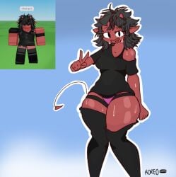 1girls artist_signature black_hair breasts demon demon_girl koreobiscuit off_shoulder outline panties red_skin reference_image roblox roblox_avatar robloxian self_upload shirt short_hair shoulders standing stockings sweat tagme thick_thighs thighhighs thighs