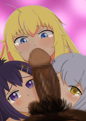 1boy 3girls ahoge blonde_hair blue_eyes blush censored collaborative_fellatio cross_hair_ornament dark-skinned_male dark_skin fellatio gabriel_dropout haiiro_(user_ppan2333) hair_between_eyes hair_ornament long_hair mosaic_censoring multiple_girls penis pov pov_eye_contact purple_eyes shiraha_raphiel_ainsworth silver_hair straight teamwork tears tenma_gabriel_white tsukinose_vignette_april x_hair_ornament yellow_eyes