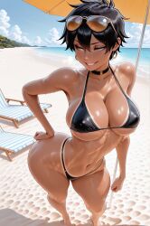 1girls ai_generated beach big_ass bikini black_bikini black_hair blue_sky cameltoe cazaputas90 choker dark-skinned_female day facing_viewer female halterneck hand_on_hip hands_on_hips happy hoop_earrings kurobe_natsumi large_breasts looking_at_side pinup sand seaside self_upload senpai_ga_uzai_kouhai_no_hanashi shiny_skin short_hair slit_pupils smile smirk spiky_hair standing sunglasses sunglasses_on_head sunlight sweating tanlines thong tomboy yellow_eyes