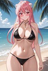1girl ahoge ai_generated ass_visible_through_thighs bare_arms bare_shoulders beach bikini black_bikini black_choker blue_sky blush breasts cameltoe choker cleavage closed_mouth cloud collarbone cowboy_shot day elfen_lied female groin hair_between_eyes halterneck horns jewelry key large_breasts long_hair looking_at_viewer lucy_(elfen_lied) navel necklace o-ring o-ring_bikini ocean outdoors pink_hair pixiv red_eyes rena_aikawa_(pixiv_user) sedutive_smile sideboob sidelocks skindentation sky smile solo stable_diffusion standing stomach strap_gap string_bikini swimsuit thighs tree underboob very_long_hair water