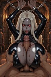 ai_generated areolae big_breasts boobjob chained cleavage dungeon emotionless exposed_breasts expressionless grey_body latex necrophilia paizuri paizuri_under_clothes rape revealing_clothes titties tittyfuck zombie_girl
