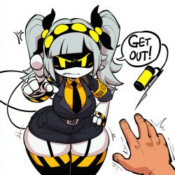 ai_generated angry bursting_thighs garter_straps hands huge_breasts insulting_viewer j_(murder_drones) kimmythefem murder_drones no_sex office_clothing pointing_at_viewer pov robot robot_girl tail talking_to_viewer thick_thighs wide_hips
